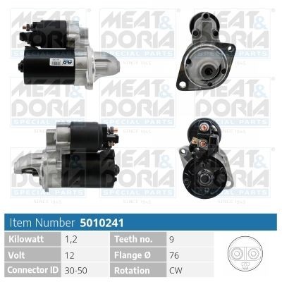 MEAT & DORIA 5010241 Starter motor 12V, 1,2kW, Number of Teeth: 9, 30-50, Ø 76 mm