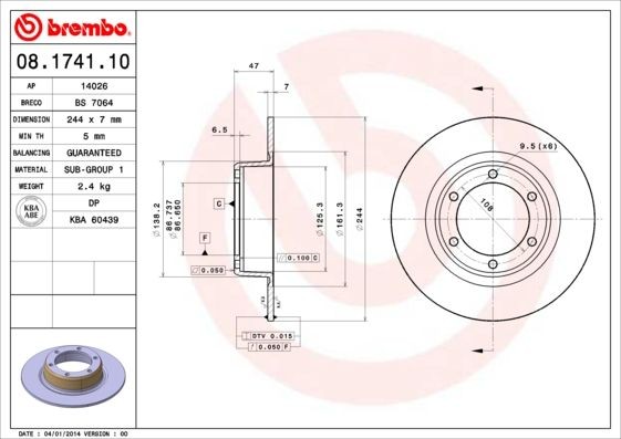 BREMBO 244x7mm, 6, solid Ø: 244mm, Num. of holes: 6, Brake Disc Thickness: 7mm Brake rotor 08.1741.10 buy