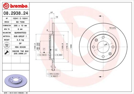 BREMBO 08.2938.24 Brake disc 266x10mm, 4, solid