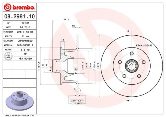 BREMBO 08.2981.10 Brake disc 278x13mm, 5, solid