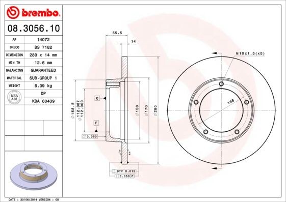 BREMBO 280x14mm, 5, solid Ø: 280mm, Num. of holes: 5, Brake Disc Thickness: 14mm Brake rotor 08.3056.10 buy