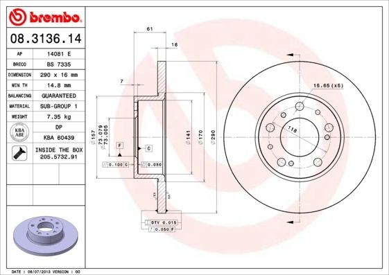 BREMBO 08.3136.14 Brake disc 290x16mm, 5, solid