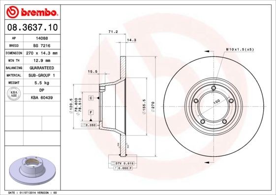 BREMBO 08.3637.10 Brake disc 270x14,3mm, 5, solid