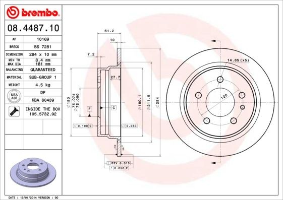 BREMBO 08.4487.10 Brake disc 284x10mm, 5, solid