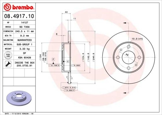 BREMBO 240x11mm, 4, solid Ø: 240mm, Num. of holes: 4, Brake Disc Thickness: 11mm Brake rotor 08.4917.10 buy