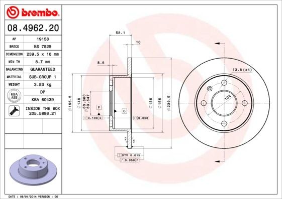 BREMBO 08.4962.20 Brake disc 240x10mm, 4, solid