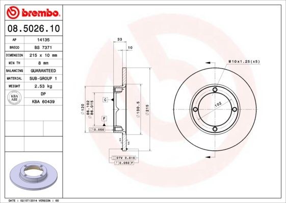 BREMBO 08.5026.10 Brake disc 215x10mm, 4, solid