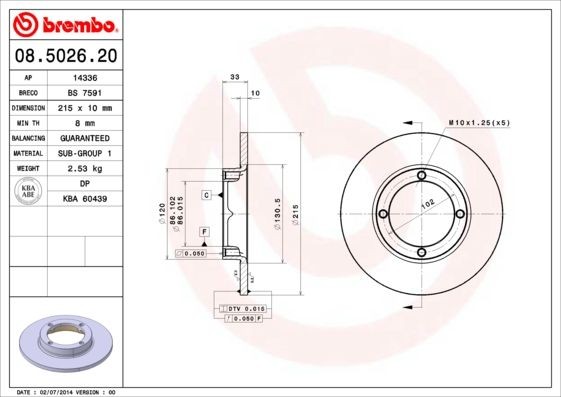 BREMBO 08.5026.20 Brake disc 215x10mm, 4, solid