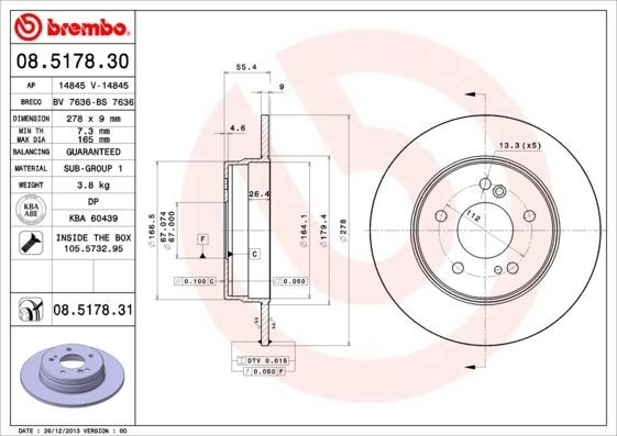 BREMBO 08.5178.31 Brake rotor 278x9mm, 5, solid, Coated