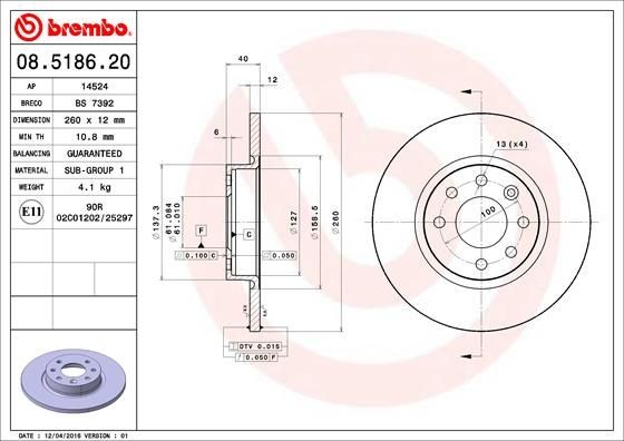 BREMBO 08.5186.20 Brake disc 260x12mm, 4, solid