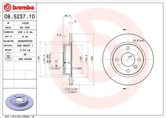 BREMBO 08.5237.10 Brake disc 228x9mm, 4, solid