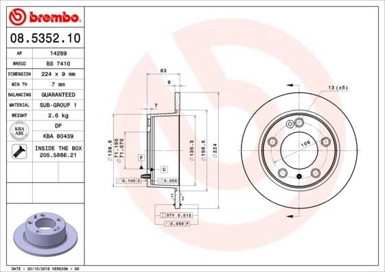 BREMBO 08.5352.10 Brake disc 224x9mm, 5, solid