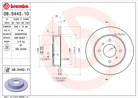 BREMBO 08.5443.10 Brake disc 258x10mm, 4, solid
