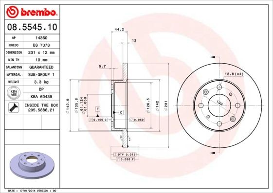BREMBO 08.5545.10 Brake disc 231x12mm, 4, solid