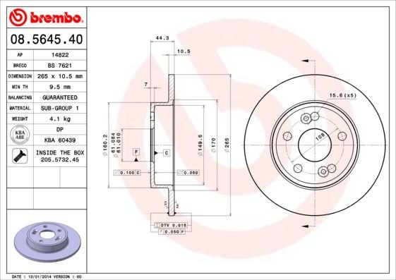 BREMBO 265x10,5mm, 5, solid Ø: 265mm, Num. of holes: 5, Brake Disc Thickness: 10,5mm Brake rotor 08.5645.40 buy