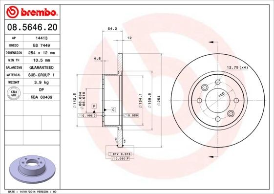 BREMBO 254x12mm, 4, solid Ø: 254mm, Num. of holes: 4, Brake Disc Thickness: 12mm Brake rotor 08.5646.20 buy