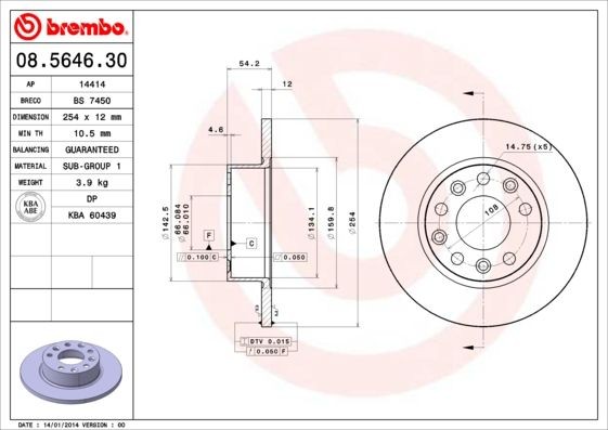 BREMBO 254x12mm, 5, solid Ø: 254mm, Num. of holes: 5, Brake Disc Thickness: 12mm Brake rotor 08.5646.30 buy