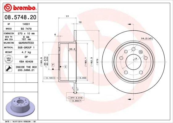 BREMBO 08.5748.20 Brake disc 270x10mm, 5, solid