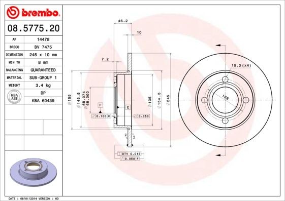 BREMBO 08.5775.20 Brake disc 245x10mm, 4, solid