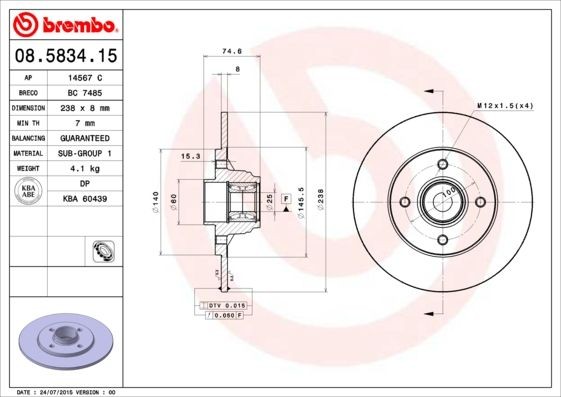 BREMBO BEARING DISC LINE 08.5834.15 Brake disc 238x8mm, 4, solid