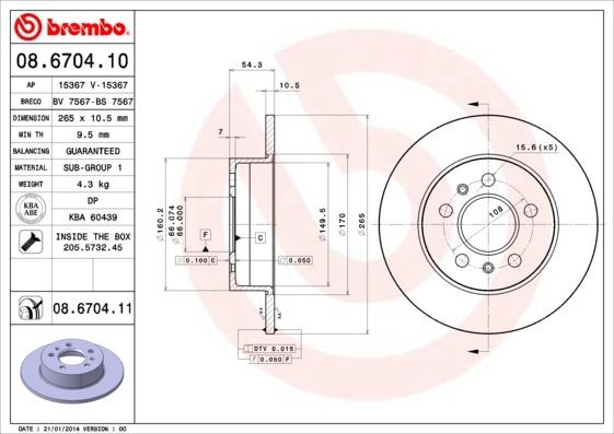 BREMBO 265x10,5mm, 5, solid Ø: 265mm, Num. of holes: 5, Brake Disc Thickness: 10,5mm Brake rotor 08.6704.10 buy