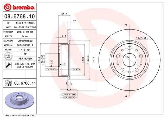 BREMBO 276x10mm, 5, solid Ø: 276mm, Num. of holes: 5, Brake Disc Thickness: 10mm Brake rotor 08.6768.10 buy