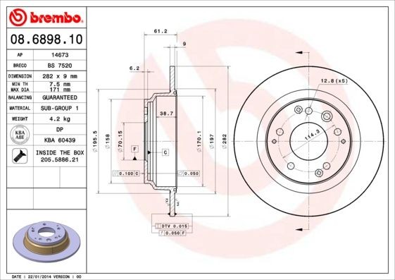 BREMBO 08.6898.10 Brake disc 282x9mm, 5, solid