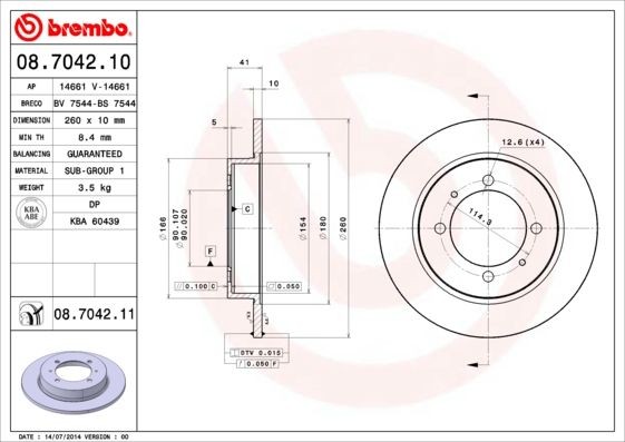 Original BREMBO Brake disc 08.7042.10 for MITSUBISHI SPACE STAR