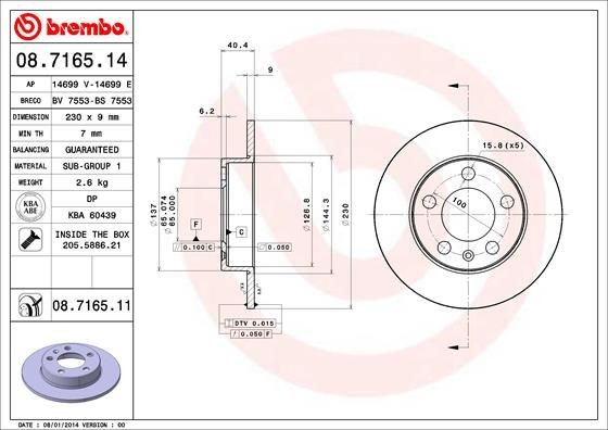 BREMBO 230x9mm, 5, solid Ø: 230mm, Num. of holes: 5, Brake Disc Thickness: 9mm Brake rotor 08.7165.14 buy