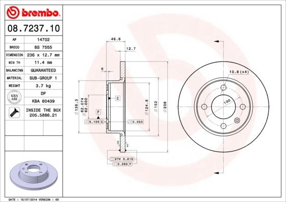 BREMBO 08.7237.10 Brake disc 236x12,7mm, 4, solid