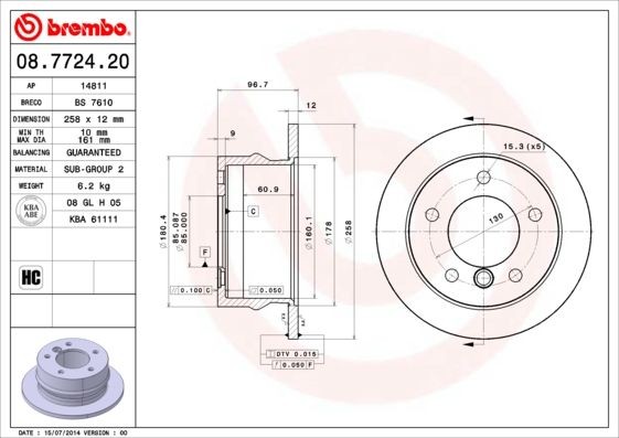 BREMBO 08.7724.20 Brake disc 258x12mm, 5, solid, High-carbon
