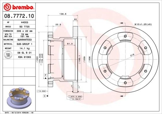 BREMBO 08.7772.10 Brake disc 306x22mm, 6, solid