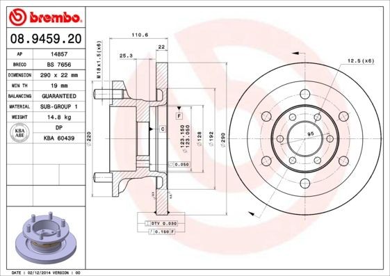 BREMBO 08.9459.20 Brake disc 290x22mm, 6, solid