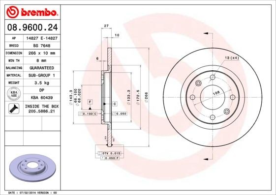 BREMBO 08.9600.24 Brake disc 266x10mm, 4, solid
