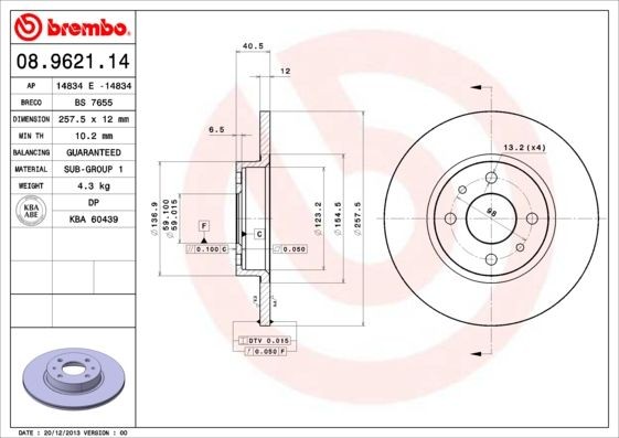 BREMBO 08.9621.14 Brake disc 257x12mm, 4, solid