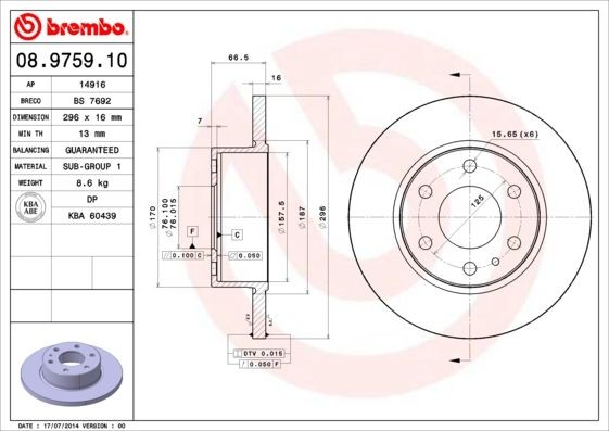BREMBO 08.9759.10 Brake disc 296x16mm, 6, solid