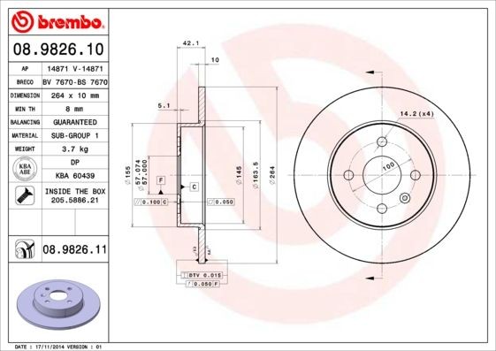 BREMBO 264x10mm, 4, solid Ø: 264mm, Num. of holes: 4, Brake Disc Thickness: 10mm Brake rotor 08.9826.10 buy