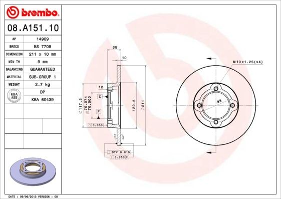 BREMBO 08.A151.10 Brake disc 211x10mm, 4, solid