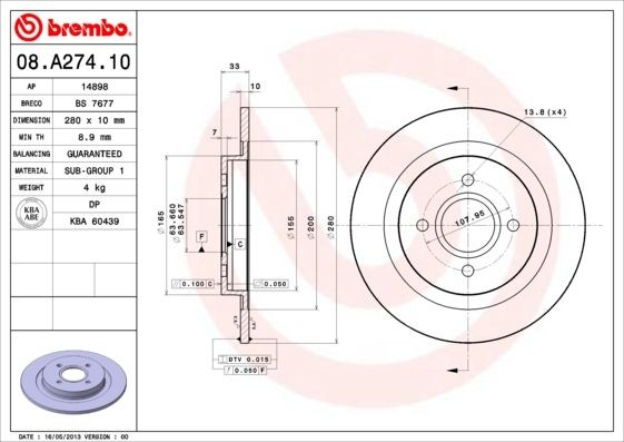 BREMBO Brake disc 08.A274.10 Ford FOCUS 2002