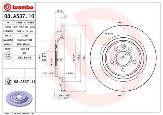 BREMBO 08.A537.11 Brake rotor 302x11mm, 5, solid, Coated