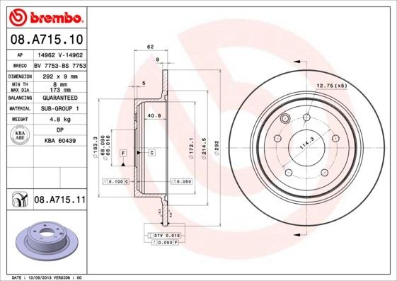 BREMBO 08.A715.10 Brake disc 292x9mm, 5, solid