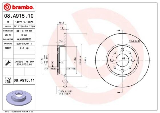 BREMBO 08.A915.10 Brake disc 251x10mm, 4, solid
