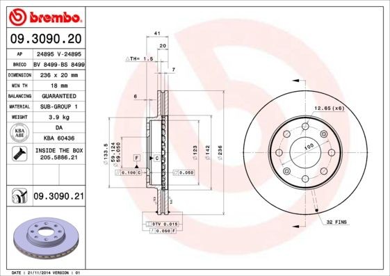 BREMBO 09.3090.20 Brake disc 236x20mm, 4, internally vented