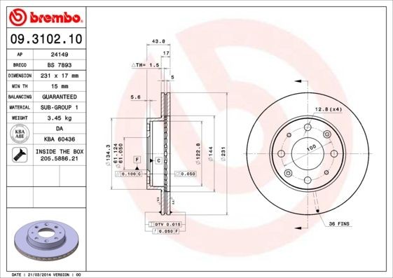 BREMBO 09.3102.10 Disco freno 231x17mm, 4, ventilazione interna, con bulloni/viti