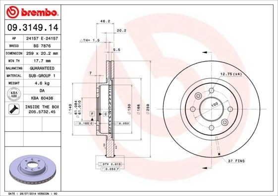 BREMBO 09.3149.14 Brake disc 259x20,2mm, 4, internally vented