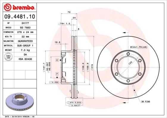 BREMBO 278x24mm, 6, internally vented Ø: 278mm, Num. of holes: 6, Brake Disc Thickness: 24mm Brake rotor 09.4481.10 buy