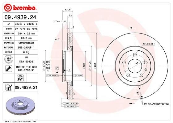BREMBO 284x22mm, 5, internally vented Ø: 284mm, Num. of holes: 5, Brake Disc Thickness: 22mm Brake rotor 09.4939.24 buy