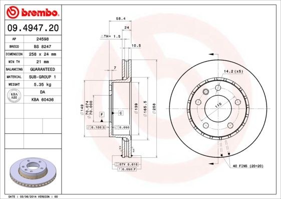BREMBO 258x24mm, 5, internally vented Ø: 258mm, Num. of holes: 5, Brake Disc Thickness: 24mm Brake rotor 09.4947.20 buy