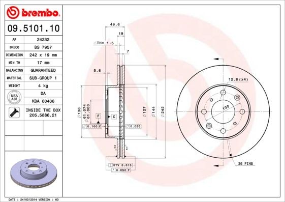 BREMBO 242x19mm, 4, internally vented Ø: 242mm, Num. of holes: 4, Brake Disc Thickness: 19mm Brake rotor 09.5101.10 buy