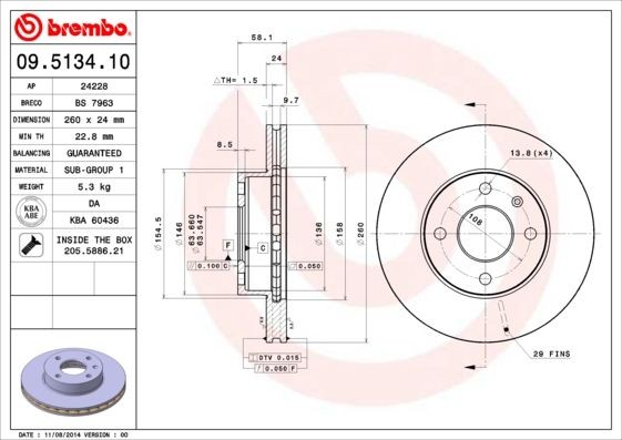 BREMBO 260x24mm, 4, internally vented Ø: 260mm, Num. of holes: 4, Brake Disc Thickness: 24mm Brake rotor 09.5134.10 buy